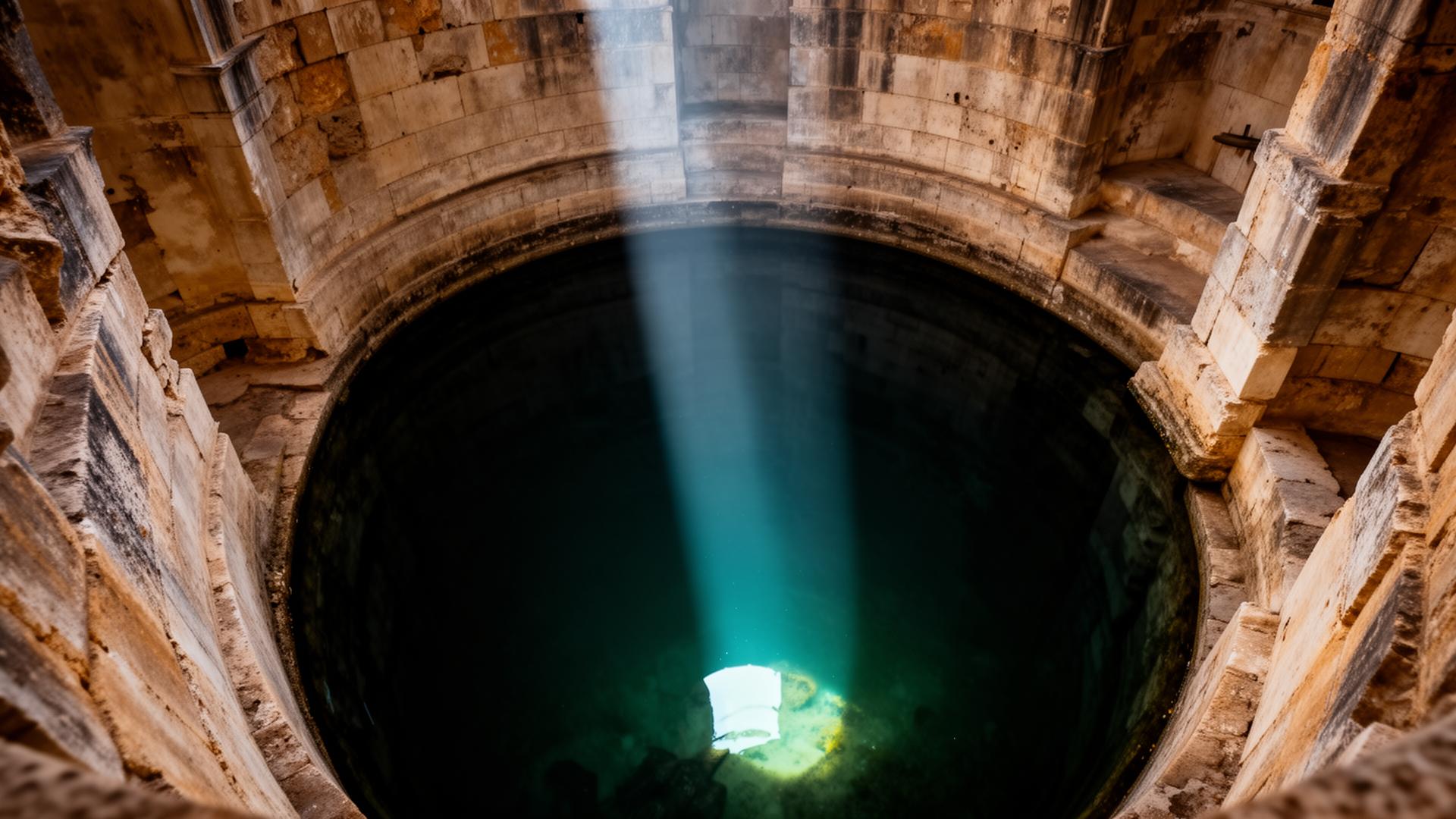 Cisterna storica sotto Ragusa illuminata da un fascio di luce naturale